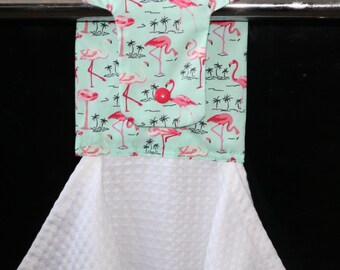 Hanging tea towel, cotton tea towel, kitchen tea towel, pink flamingos, ideal present