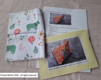 Pattern for a kindle/tablet/book/phone cushion, physical pattern, easy to follow instructions by picture/words along with fabric needed.