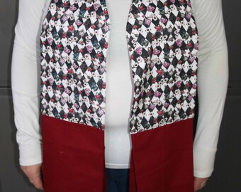 Kitchen tea towel Boa/Scarf.  Burgundy tea towel with colourful scarf fabric.  Matching fabric on tea towel as the main scarf
