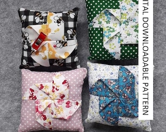 Pattern for an origami pin cushion, downloadable pattern, easy to follow instructions by picture and words