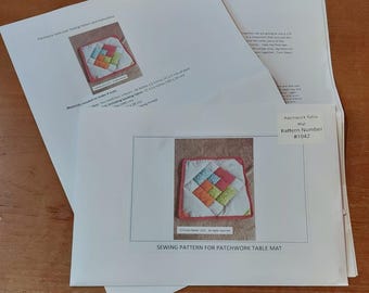 Pattern for a patchwork table mat,  physical pattern, easy to follow instructions by picture and words