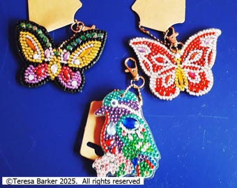 Hand decorated crystal art keyring, keyring, key chain, key fob, sealed crystals, beautiful bird and butterflies, clip attached, useful gift