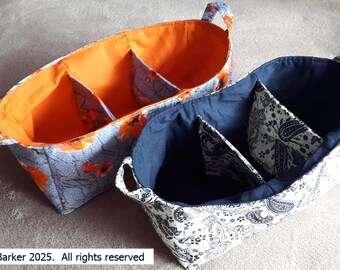 A beautiful fabric storage tray with three compartments.
