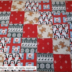 May include: A patchwork quilt block featuring a Christmas theme. The block is composed of 16 squares, each with a unique design. The designs include penguins, gingerbread men, Santa Claus, and a snowflake pattern. The block is crafted from a range of fabrics in red, green, white, and brown.