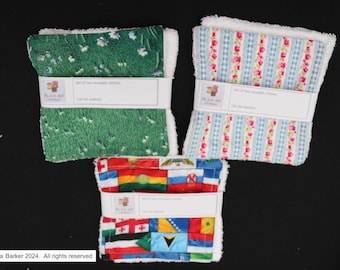 Handmade reusable cloths made from cotton fabric and bamboo toweling.  Set of 2 reusable clothes in pack.