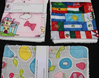 Handmade reusable cloths made from cotton fabric and bamboo toweling.  Set of 2 reusable clothes in pack.