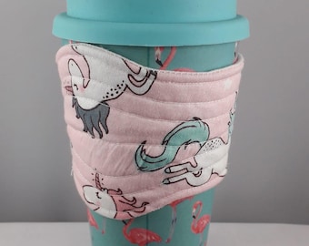 Handmade travel mug holder/sleeve made from beautiful cotton fabric