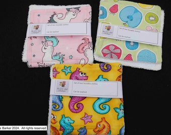 Handmade reusable cloths made from cotton fabric and bamboo toweling.  Set of 2 reusable clothes in pack.