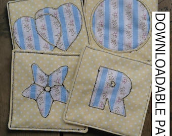 Set of 4 reverse applique coasters  Sewing Pattern, Easy Step-by-Step Instructions (Digital Download)
