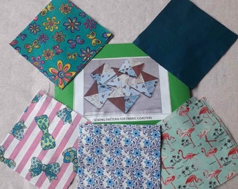 Pattern for a set of fabric coasters, physical pattern, easy to follow instructions by picture/words along with fabric needed to make them.