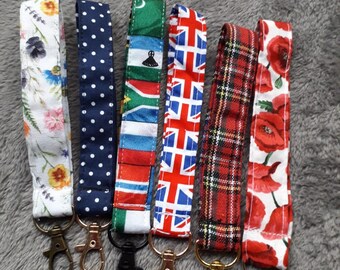 Wrist Lanyard made from beautiful cotton and polycotton fabrics.  Each lanyard has a lobster clasp on it.