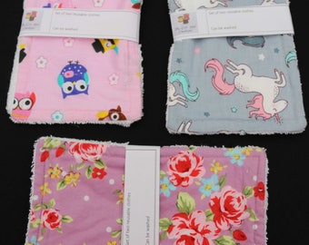 Handmade reusable cloths made from cotton fabric and bamboo toweling.  Set of 2 reusable clothes in pack.