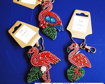 Hand decorated crystal art keyring, keyring, key chain, key fob, sealed crystals,   a beautiful flamingo, clip attached, useful gift
