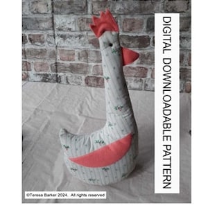May include: A digital downloadable pattern for sewing a plush toy chicken. The chicken is white with a red comb and beak, and has a floral pattern on its body. The pattern is available for instant download.