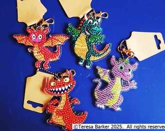 Hand decorated crystal art keyring, keyring, key chain, key fob, sealed crystals, fun loving dragons, clip attached, useful gift