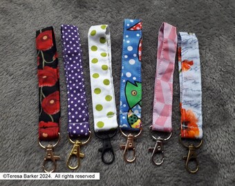 Wrist Lanyard made from beautiful cotton and polycotton fabrics.  Each lanyard has a lobster clasp on it.