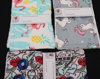 Handmade reusable cloths made from cotton fabric and bamboo toweling.  Set of 2 reusable clothes in pack.
