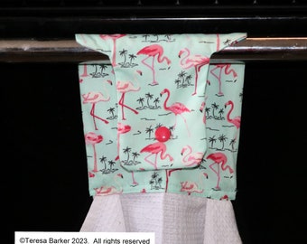 Hanging tea towel, cotton tea towel, kitchen tea towel,  beautiful pink flamingos, ideal present