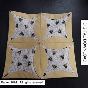 May include: A four-patch quilt block with a yellow background and a white and black bee pattern. The block is made up of four squares, each with a curved edge. The text "DIGITAL DOWNLOAD" is visible in the image.