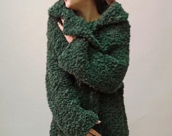 Only One copy SO fluffy knitted coat cardigan Dark green fur coat Deep green color Elegant fur coat  short jacket Oversize S M L