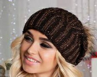 BROWN knit Beanie with sequins and fur pompom Warm knit  hat Women knit hat Warm beanie with fur pompom Wool knit hat  One size