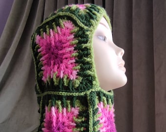 Trend of season Granny square BALACLAVA HOOD for women or teen girl Bright and comfortable accessory for stylish women Neon pink and green