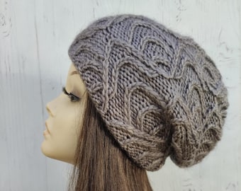 TAUPE Slouchy Beanie Elegant hat Beige Gray Women cable knit hat Warm double slouchy hat for Girl Teenager Women Wool knit hat One size