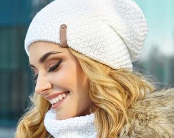 WHITE knit set Beanie hat Snood Christmas gift for her  Warm Beanie snood Women knit hat scarf set