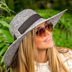 BLACK WHITE melange Sun hat for women Wide brimmed straw hat Beach Holiday hat Elegant wide brim hat for true ladies and stylish girls