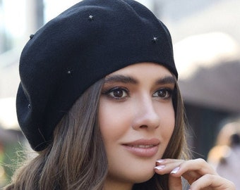 Knitted elegant beret with bead decor Slouchy tam Women knit beret Warm slouchy beret for Girls and Women Wool knit hat One size