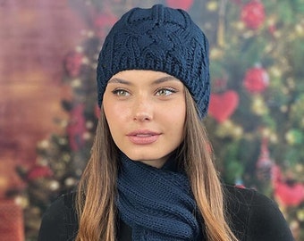 NAVY BLUE knit set Beanie Hat Scarf and mittens Cute and soft set for her Beanie Scarf  and Mittens Cam