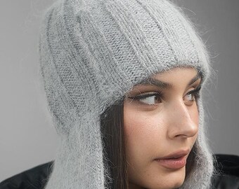 GRAY angora ear flaps hat Warm aviator hat Cozy and fluffy hat Cute ears warmers Knit EARFLAPS hat for Women Teens