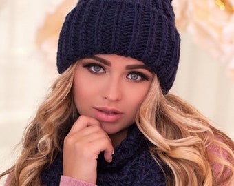 Youth set DARK BLUE JEANS Beanie and Snood scarf Warm wool beanie and Cowl snood  Knit kit for Women Warm knit beanie and cowl scarf set