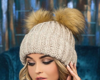 Pompom beanie 2 colors TAUPE and BEIGE hat Fur pompom Beanie Two pompoms Women knit beanie Warm cozy hat for Girl Teenager hat Wool knit hat