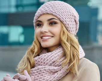 ladies pink hat scarf and glove set