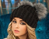 2 Colors of Gray Super Beanie Fur Pompom Hat Two Pom Poms Women Knit Beanie Warm Cozy Hat for Girl Teenager Hat Wool Knit Hat