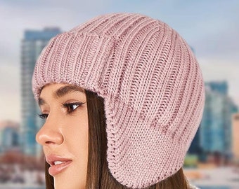 POWDER PINK ear flaps hat Warm aviator hat Cozy ski hat Cute ears warmers Knit EARFLAPS hat for Women Teens