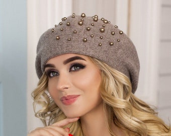 TAUPE BEIGE 2 shadows Elegant alpaca and merino wool beret with beads decor Women knit beret Warm slouchy beret for Girls and Women One size
