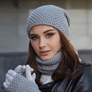 Elegant GRAY knit set Hat Snood Gloves with hand Warmer Christmas gift for her  Warm Beanie snood Gloves Women knit hat scarf gloves set