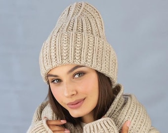 Christmas gift BEIGE knit set BEANIE Hat SCARF Infinity Hand Warmer Cute set for her Beanie Scarf infinity Hand warmer mittens Una