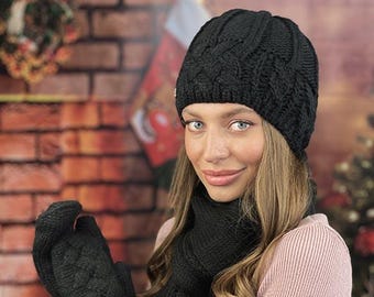 BLACK knit set Beanie Hat Scarf and mittens Cute and soft set for her Beanie Scarf  and Mittens Cam