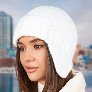 WHITE earflaps hat Warm aviator hat Cozy ski hat Cute ears warmers Knit hat for Women Teens