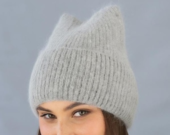 GRAY knit beanie with cute Cat ears Girls ANGORA knit cat ears beanie Warm beanie hat for Girl Teenage Wool knit hat One size Pussycat
