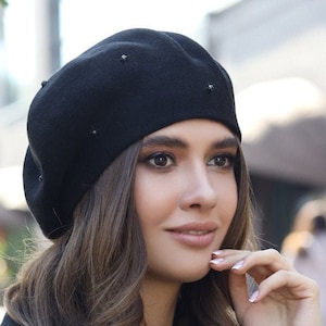 Knitted elegant beret with bead decor Slouchy tam Women knit beret Warm slouchy beret for Girls and Women Wool knit hat One size