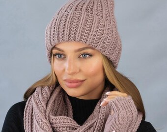 Christmas gift LILAC Pink knit set BEANIE Hat SCARF Infinity Hand Warmer Cute set for her Beanie Scarf infinity Hand warmer mittens Una