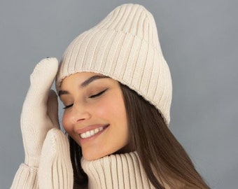 LATTE BEIGE set for women Beanie Hat Scarf collar and mittens Cute and soft set for her Beanie Scarf and mittens Sov