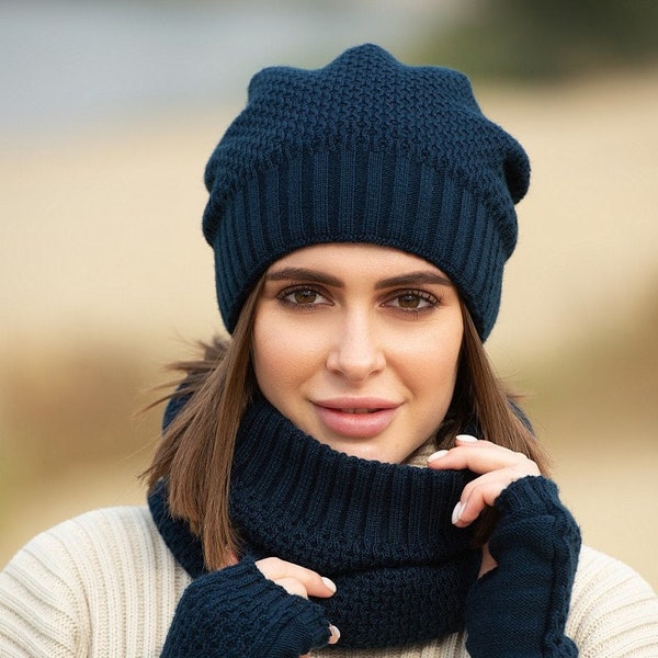 DARK BLUE knit set  Beanie Hat Snood Mittens Hand Warmer Christmas gift for her Warm Beanie snood Mittens Warm  women knit set