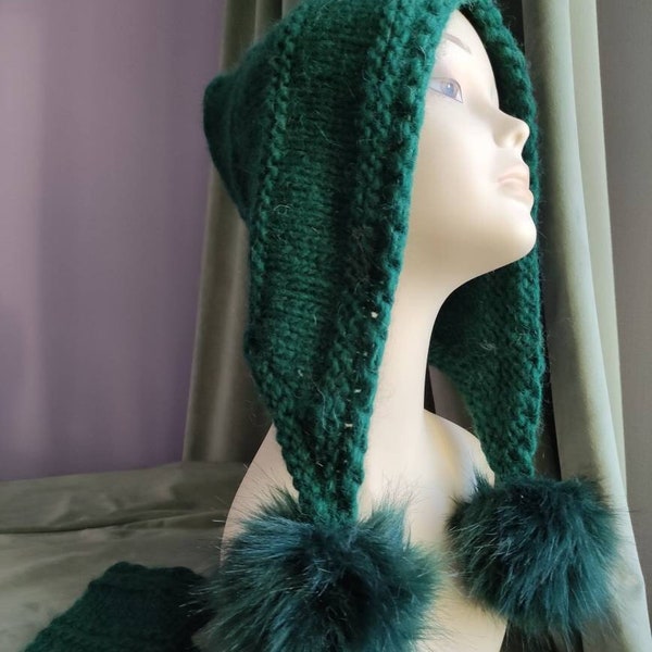 Bonnet lutin chaud en tricot avec chauffe-mains Bonnet épais SMARAGD GREEN Bonnet en laine avec oreillettes Pompons en fourrure Taille unique