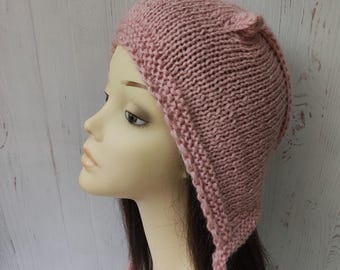 PINK horns hat for women and girls Knitted warm hat with small horns or ears Warm fluffy hat bonnet Quality yarn Hand knit