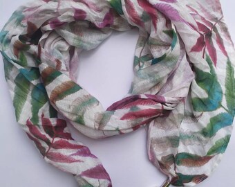 Linen women scarf Thin linen shawl with floral print PALM LEAVES Delicate linen scarf as beach pareo or evening shawl for sea holiday